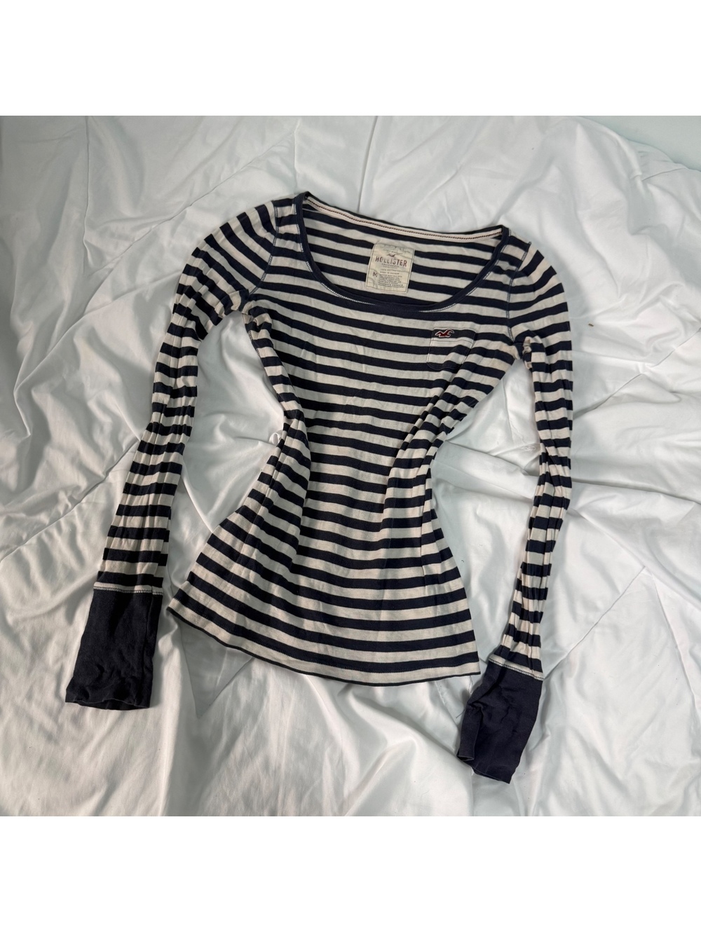 y2k 2000s striped navy blue & white hollister baby doll long sleeve tee medium